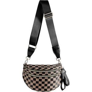 Black And White Checkered Crossbody Bum Bag For Women,Spacious Checkered Purse